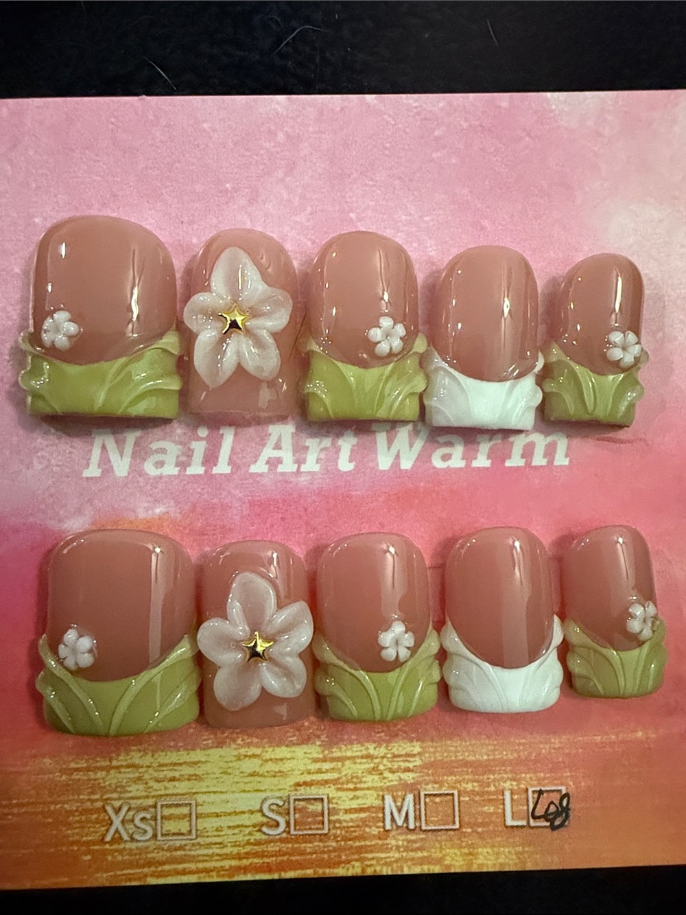 Green and white French tip with 3D Floral handmade acrylic Press-On Nail